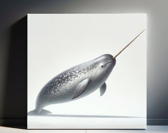 Majestic Narwhal Canvas Art Oceanic Wildlife Realistic Painting of The Unicorn of the Sea for Marine Life Admirers Calm Strong Minimalist