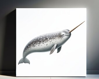 Majestic Narwhal Canvas Art Oceanic Wildlife Realistic Painting of The Unicorn of the Sea for Marine Life Admirers Underwater Deep Sea Calm