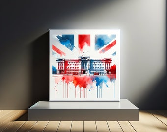 Buckingham Palace Art, London Landmark, Modern Watercolor, Urban Decor, Travel Enthusiast, British Icon, Royal Residence, Vibrant Wall Art