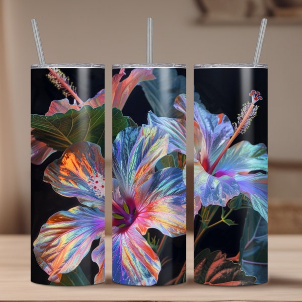 Holographic Hibiscus PNG Sublimation Designs, 20Oz Skinny Tumbler Wrap Digital Download, Rainbow Tumbler Wrap, Floral Design, White Roses,