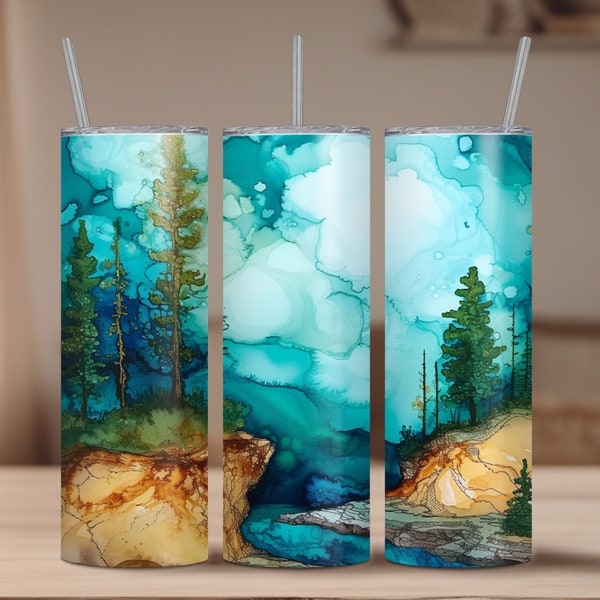 Yellowstone 20oz Sublimation Tumbler Designs, Forest Alcohol Ink 9.2 x 8.3” Straight Skinny Tumbler Wrap PNG Nature Woods Trees Sublimate