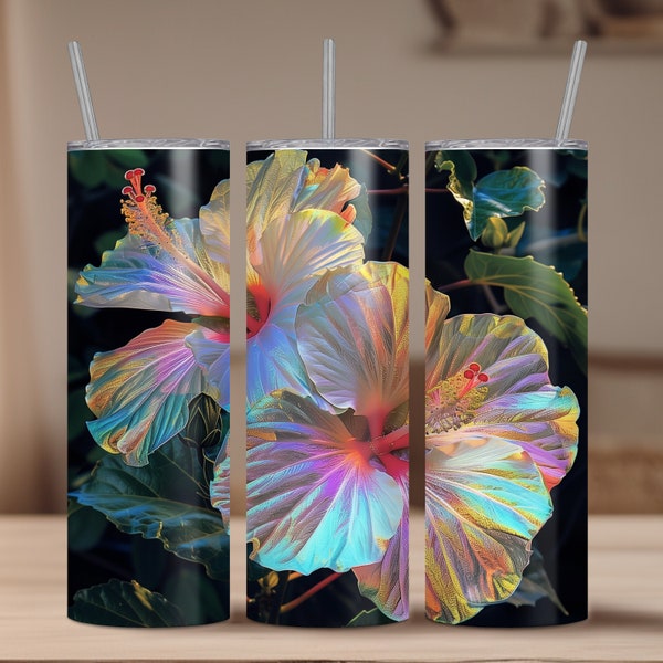 Iridescent Hibiscus Tumbler Wrap Designs, 20 Oz Skinny Tumbler Wraps Digital Download, Rainbow Tumbler Wrap PNG, Floral Design, Holographic