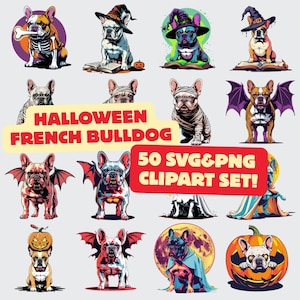 Halloween French Bulldog Clipart Bundle – 50 SVG/PNG Files – Cute Dog Halloween Costumes for Sublimation & Crafts