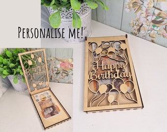 Personalised Money Wallet Holder Birthday Gift for Friends and Family, Wooden Laser Cut Happy Birthday Envelope for Him Her Kids Grandparent