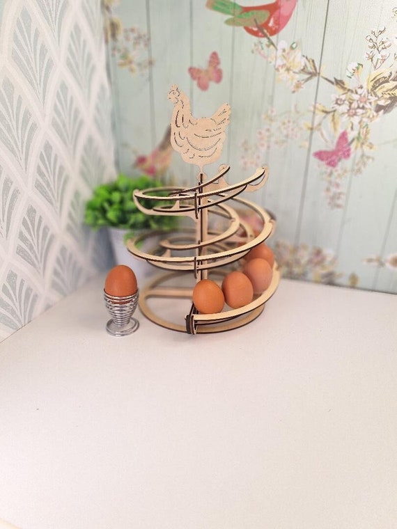 Spiral Fresh Egg Holder Tray, Build it Yourself Spiral Egg Dispenser Rack, Wooden Kitchen Gifts for Chicken Lovers.