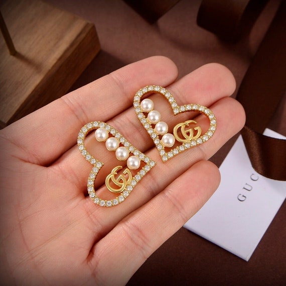 Vintage Gucci Heart Gold Earrings GG Pearl Diamond Hoop Earrings