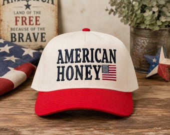 American Honey Embroidered Trucker Hat for Women, Patriotic Baseball Cap, Retro Red White Blue Hat, Country Concert Gift for Her.