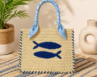 Women's Woven Straw Beach Bag with Fish Embroidery | Scarf Handle Tote Bag | Summer Vacation Travel Bag | Coastal Gift for Women