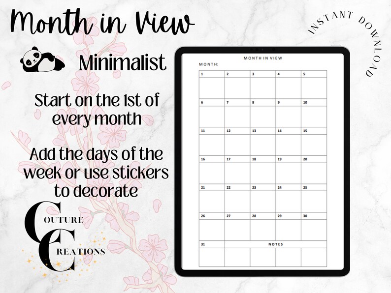 MINIMALIST | Month in View Calendar | Printable and PDF Fillable ...