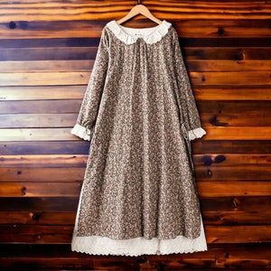 Long-Sleeved A-Line Dress Ruffled Cotton Clothing Women's Loose Apparel Coffee