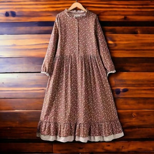 Long-Sleeved A-Line Dress Ruffled Cotton Clothing Women's Loose Apparel Brown