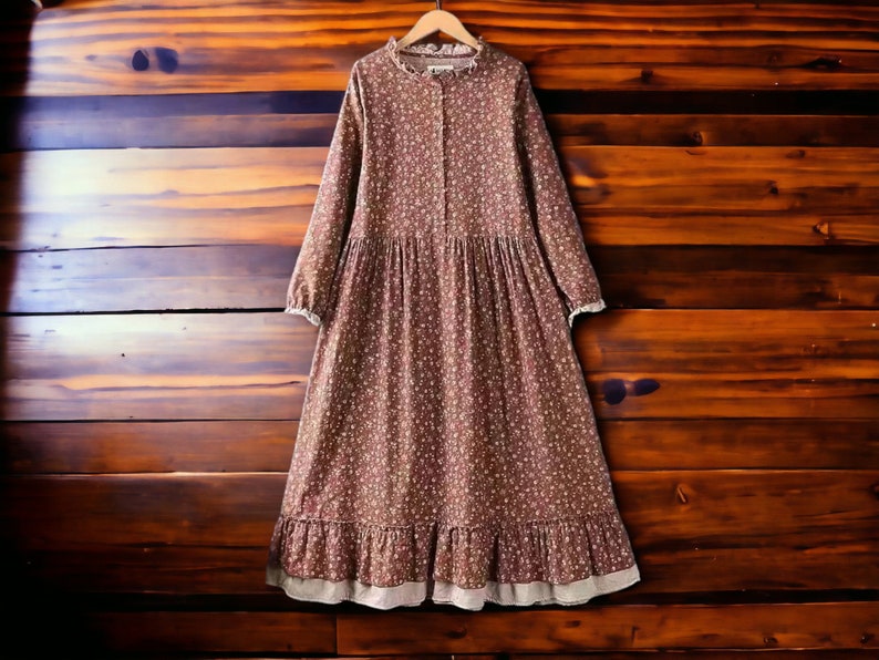 Long-Sleeved A-Line Dress Ruffled Cotton Clothing Women's Loose Apparel Brown