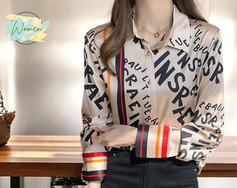 Ladies Clothing Blouses | Printed Garments Tops | Turn-down Collar Apparel | Fitted