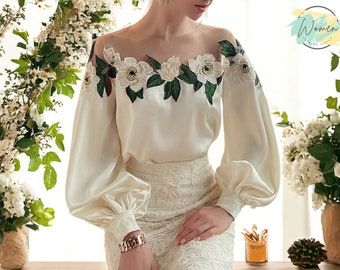 Long Sleeve Blouses | Women's Off-Shoulder Apparel | With Floral Decoration
