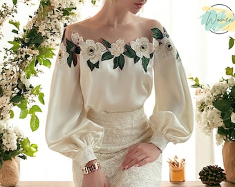Long Sleeve Blouses | Women&#39;s Off-Shoulder Apparel | With Floral Decoration