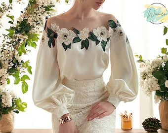 Long Sleeve Blouses | Women's Off-Shoulder Apparel | With Floral Decoration