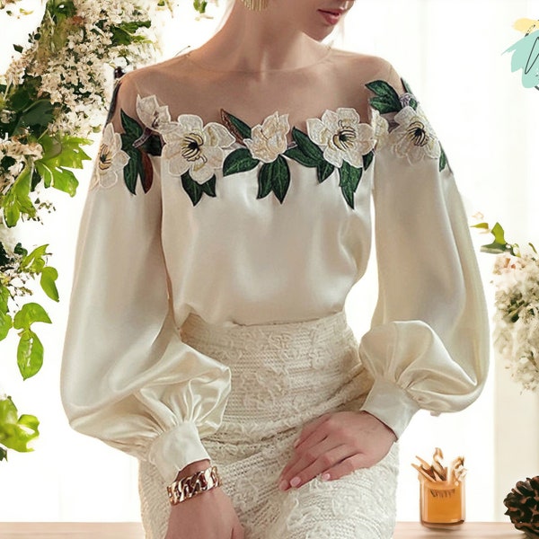 Long Sleeve Blouses | Women's Off-Shoulder Apparel | With Floral Decoration