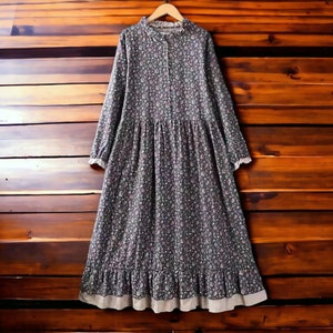 Long-Sleeved A-Line Dress Ruffled Cotton Clothing Women's Loose Apparel Gray