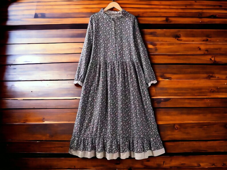 Long-Sleeved A-Line Dress Ruffled Cotton Clothing Women's Loose Apparel Gray