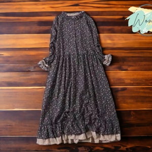 Long-Sleeved A-Line Dress Ruffled Cotton Clothing Women's Loose Apparel Navy