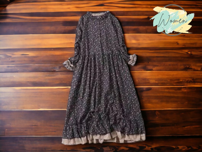 Long-Sleeved A-Line Dress Ruffled Cotton Clothing Women's Loose Apparel Navy