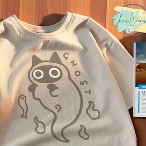 Shirt met spookkatprint voor dames | Losse top met ronde hals en korte mouwen | Oversized katoenen streetwear-trui | Casual comfortabel T-shirt met dagelijkse outfit
