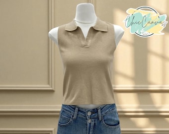 Skinny Knit Tank Top | Sleeveless V-Neck Collared Blouse | Stretchy Chic Cropped Tee | Streetwear Fashion Outfit for Women