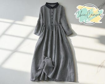 Cotton A-Line Plaid Dress | Long Sleeved Pullover Style | Collared O-Neck Buttoned Design | Elastic Waist Mid-Calf Outfit for Women