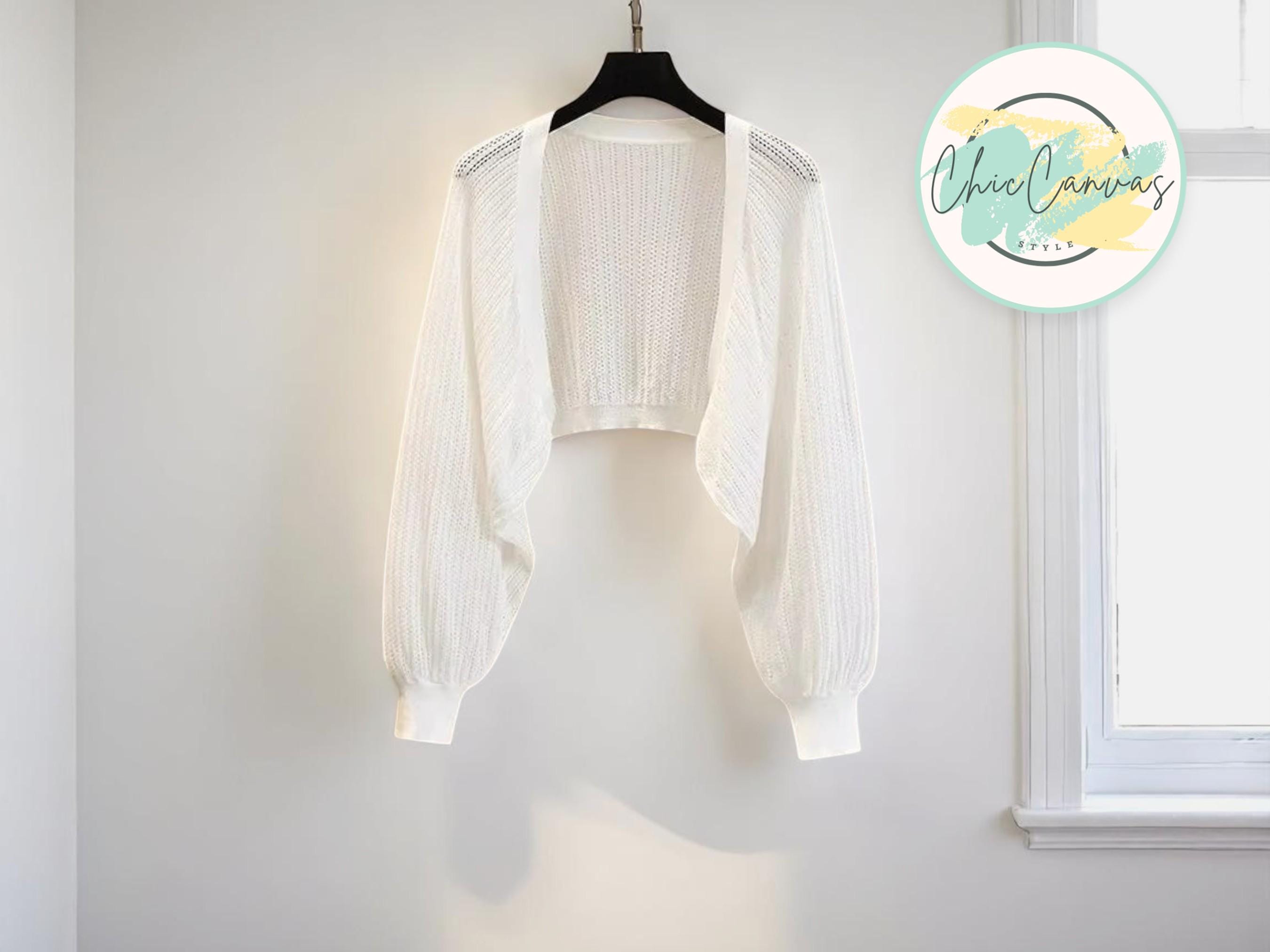Thin Knit Shrug Cardigan | Hollow-Out Cover Up with Lantern Sleeves | Loose Fit Cropped Blouse | Lightweight Spring Summer Top