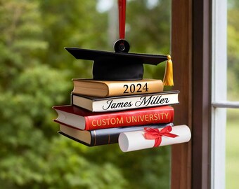 Class of 2024 Ornament, Custom Graduation Ornament, Senior 2024 Gifts, Personalized Graduation Cap Ornament With Books, Graduation Gift