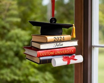 Class of 2024 Ornament, Custom Graduation Ornament, Senior 2024 Gifts, Personalized Graduation Cap Ornament With Books, Graduation Gift