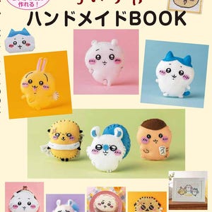 Könnte beinhalten: Ein Buch mit dem Titel "Chiikawa Handmade Book" mit Illustrationen verschiedener süßer Charaktere, darunter ein Kaninchen, eine Katze und ein Eichhörnchen. Das Buch enthält 11 verschiedene Muster zum Nähen von Filz-Plüschtieren.