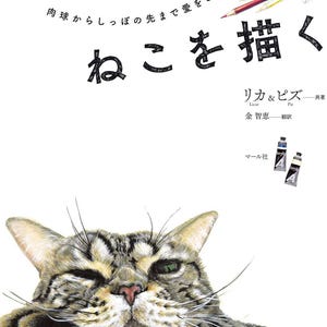 May include: A book cover featuring a detailed illustration of a tabby cat with green eyes, resting its paws on a wooden surface. The title, in Japanese, reads "Neko o Egaku" (Drawing Cats). Paint tubes and pencils are also visible.