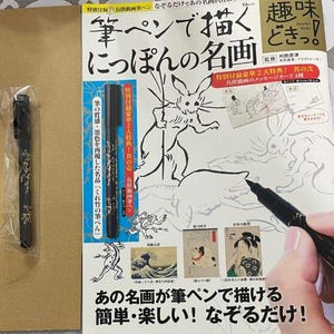Op de afbeelding: Een Japans boek met een zwart-witte illustratie van een konijn op de omslag. De titel van het boek is "筆ペンで描く にっぽんの名画", wat vertaald wordt als "Teken beroemde Japanse schilderijen met een penseelstift". De omslag van het boek toont ook een zwarte penseelstift en een close-up van een hand die de pen gebruikt om de omtrek van het konijn te traceren.