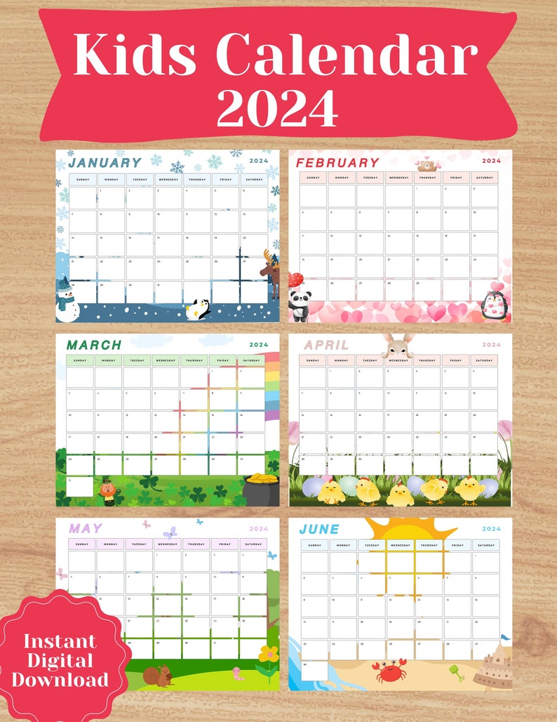 Printable Calendars, Kids Printable Calendars, 2024 Calendars, Kids