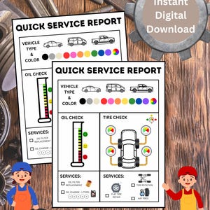May include: A printable quick service report form for a car repair shop. The form includes sections for vehicle type, color, oil check, tire check, and services. The form is designed to be used by mechanics to track the services performed on a vehicle.
