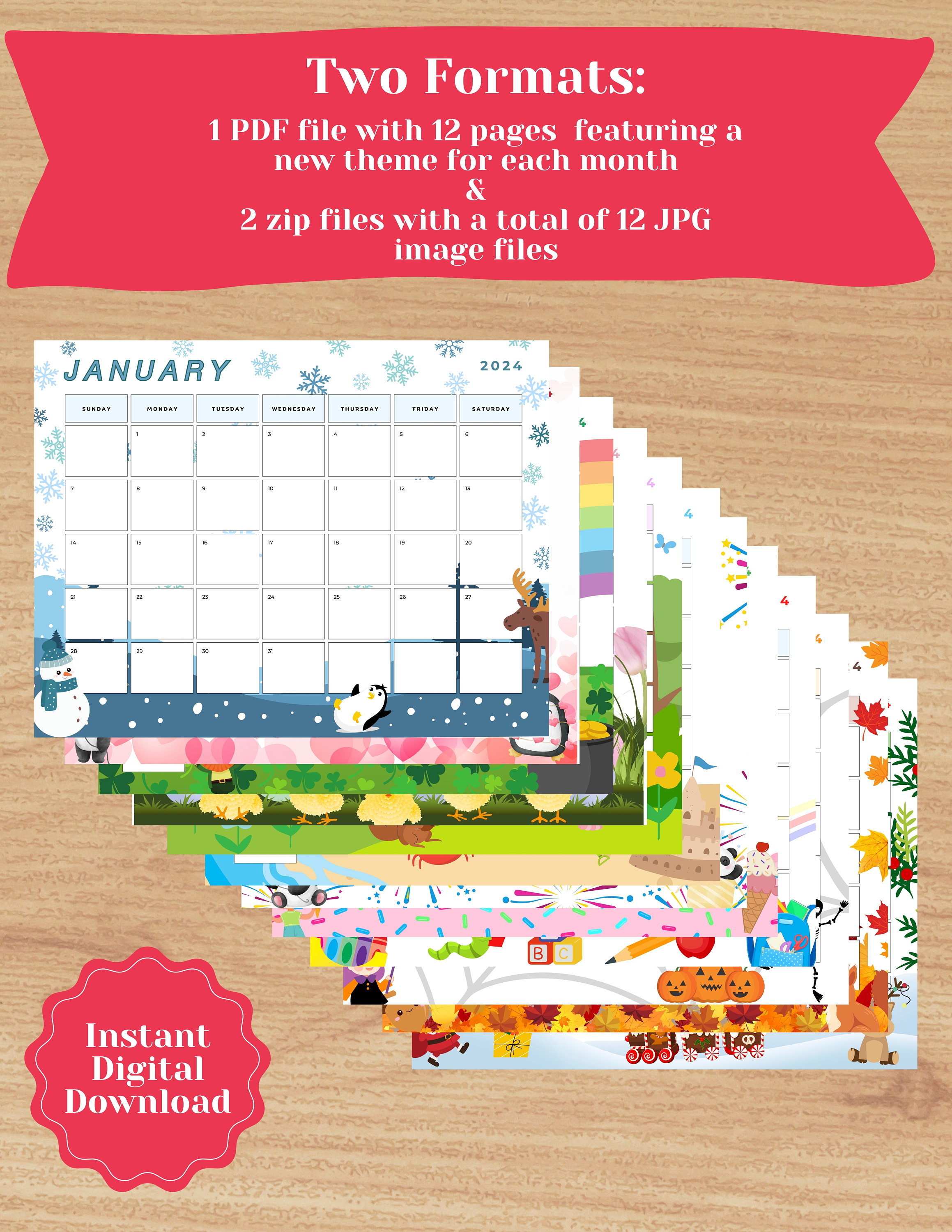 Printable Calendars, Kids Printable Calendars, 2024 Calendars, Kids