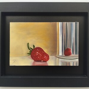 Nature morte, fraise, à l'huile, originale, encadrée en relief, tableau original, daily painting, cadeau précieux unique, fête des mères,