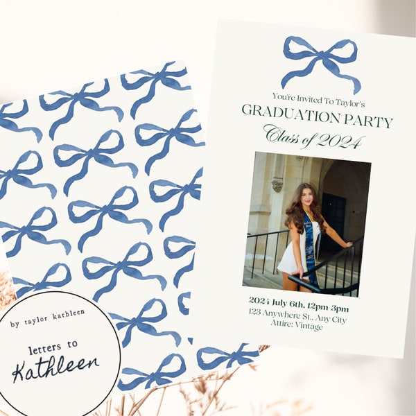 Blue Bows Portrait Graduation Announcement Invitation 2024 Canva Template Instant Download