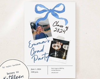 Blue Bow Polaroid Graduation Announcement Invitation 2024 Canva Template Instant Download
