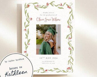 Greenery Graduation Announcement Template | Floral Photo Grad Invite | Canva