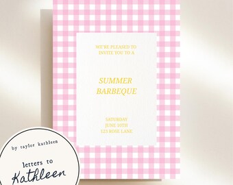 Pink Gingham Summer BBQ Invitation - Editable Canva Template