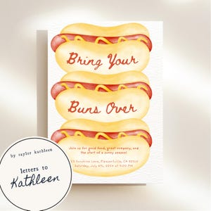 May include: A watercolor illustration of hot dogs stacked on top of each other with the text "Bring Your Buns Over" on the invitation. The invitation is for a party on July 6th, 2014 at 3:00 PM at 23 Sunshine Lane, Pleasantville, CA 90210.