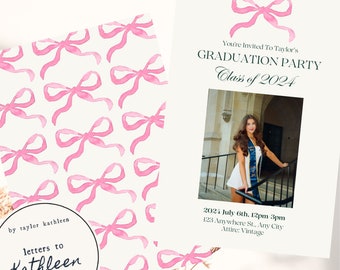 Pink Bows Portrait Graduation Announcement Invitation 2024 Canva Template Instant Download