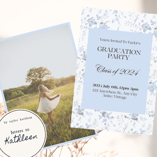 Floral Blue Toile Portrait Graduation Announcement Invitation 2024 Canva Template Instant Download