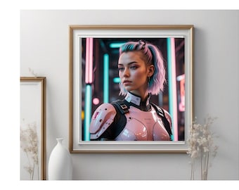 Retrato de Mulher Ciborgue Cyberpunk, Arte com IA para Impressão (Download Digital)