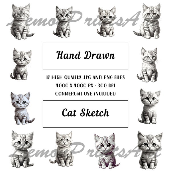 17 Cat Sketch Clipart, Hand Drawn Clipart, High Quality JPGs PNG, Paper craft, Junk Journals, Digital Planners, Digital download, Commercial