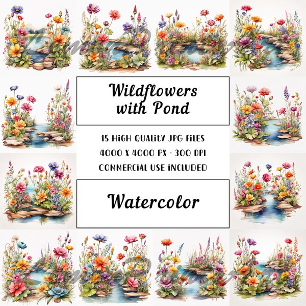 15 Wildflowers with Pond Clipart, Watercolor clipart, High Quality JPGs, Paper craft, Junk Journals, Digital download, Commercial Use