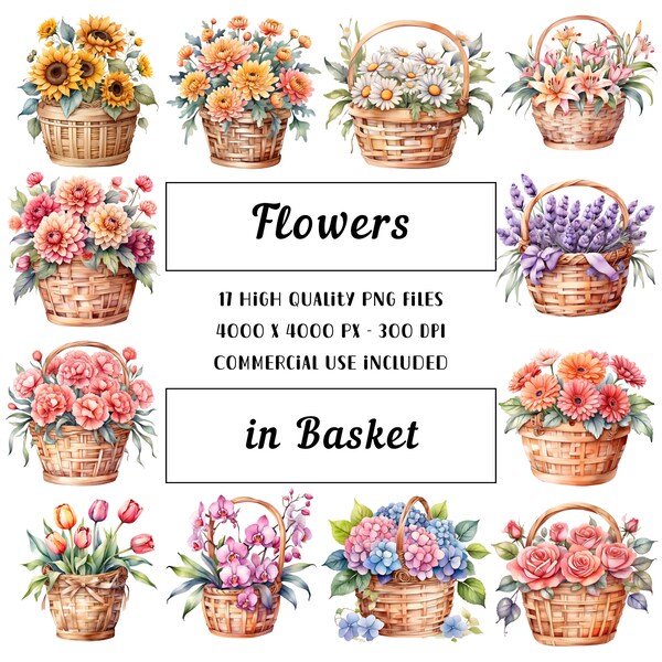 17 Floral Basket Clipart, Watercolor Floral Clipart, High Quality PNG, Paper craft, Junk Journals, Digital download, Commercial Use