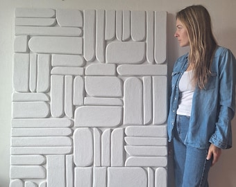 Unique Textured 3D Geometric Art - Sculptural Piece - White Minimalist Artwork - Wall Decoration - Dimensional Panel - Hanging Sculpture